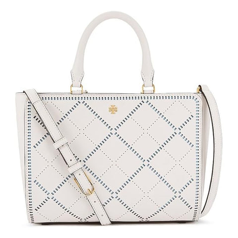 Tory Burch Robinson Crosshatch Small Leather Satchel Bag Ivory Riviera Blue Handbag NEW