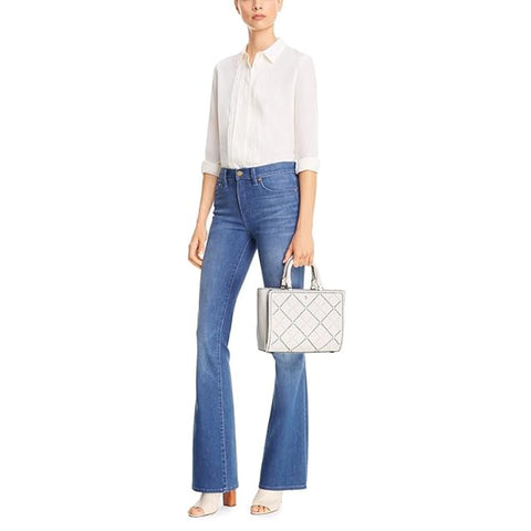 Tory Burch Robinson Crosshatch Small Leather Satchel Bag Ivory Riviera Blue Handbag NEW