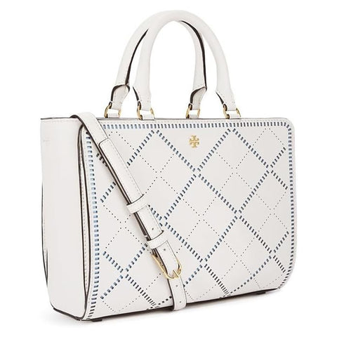 Tory Burch Robinson Crosshatch Small Leather Satchel Bag Ivory Riviera Blue Handbag NEW