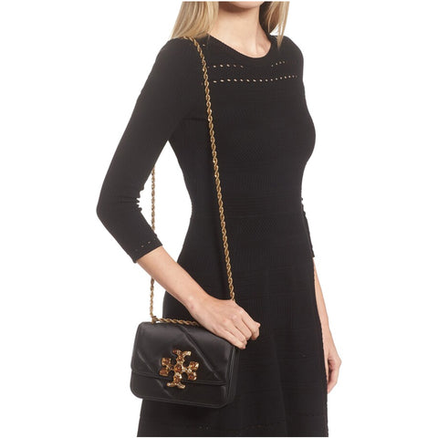 Tory Burch Small Eleanor Shoulder Bag Leather Handbag Black Gold Purse NEW