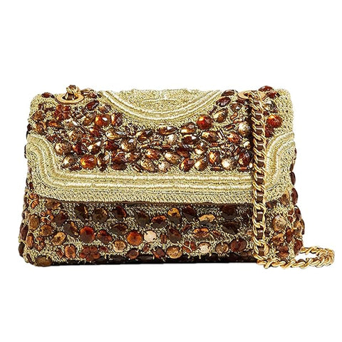 Tory Burch Soft Fleming Crochet Jeweled Bag Convertible Handbag Gold Purse NEW
