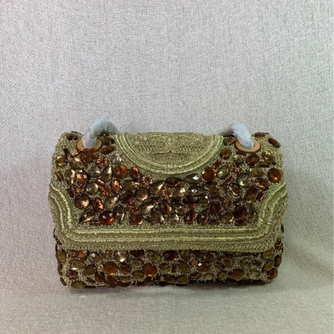 Tory Burch Soft Fleming Crochet Jeweled Bag Convertible Handbag Gold Purse NEW