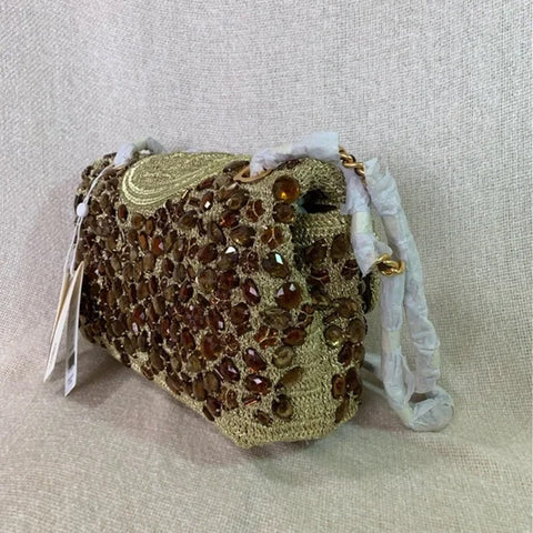 Tory Burch Soft Fleming Crochet Jeweled Bag Convertible Handbag Gold Purse NEW