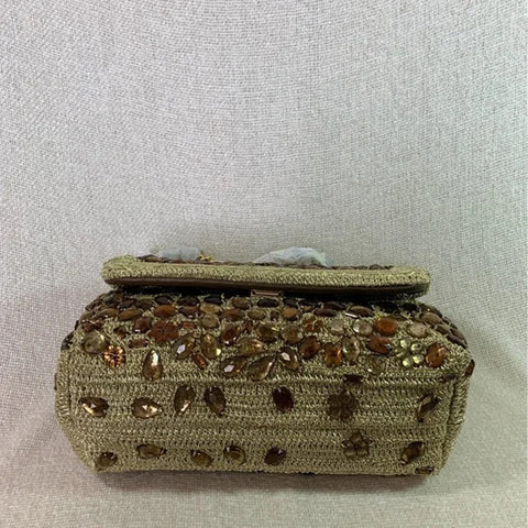 Tory Burch Soft Fleming Crochet Jeweled Bag Convertible Handbag Gold Purse NEW