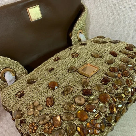 Tory Burch Soft Fleming Crochet Jeweled Bag Convertible Handbag Gold Purse NEW