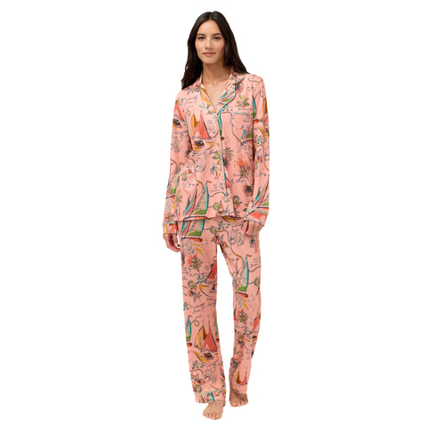 Johnny Was Delphina Carly Pj Set Long Ocean Home Lounge Sleepwear Pink 2 pc NEW