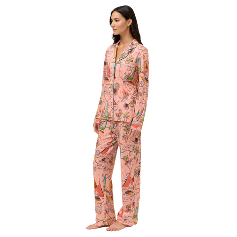 Johnny Was Delphina Carly Pj Set Long Ocean Home Lounge Sleepwear Pink 2 pc NEW