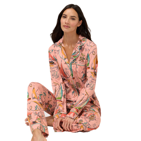 Johnny Was Delphina Carly Pj Set Long Ocean Home Lounge Sleepwear Pink 2 pc NEW