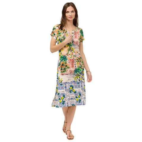 Johnny Was Janie Favorite Olympe Maxi Henley Dress Short Floral Beige Green NEW