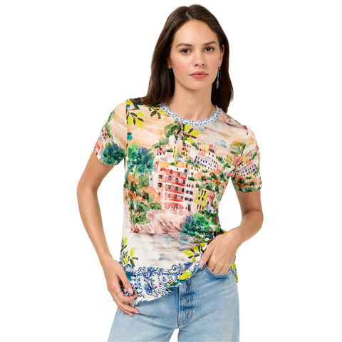 Johnny Was Janie Favorite Olympe Short Crew Tee Floral Shirt Beige Green Top NEW