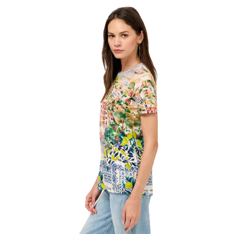 Johnny Was Janie Favorite Olympe Short Crew Tee Floral Shirt Beige Green Top NEW