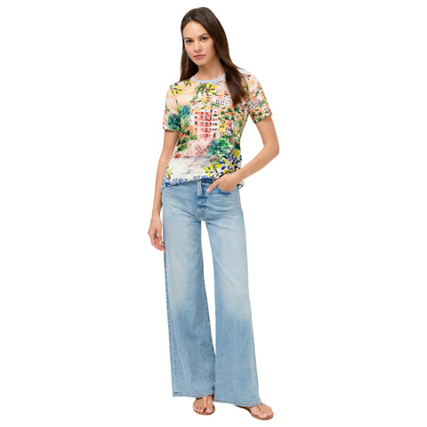 Johnny Was Janie Favorite Olympe Short Crew Tee Floral Shirt Beige Green Top NEW