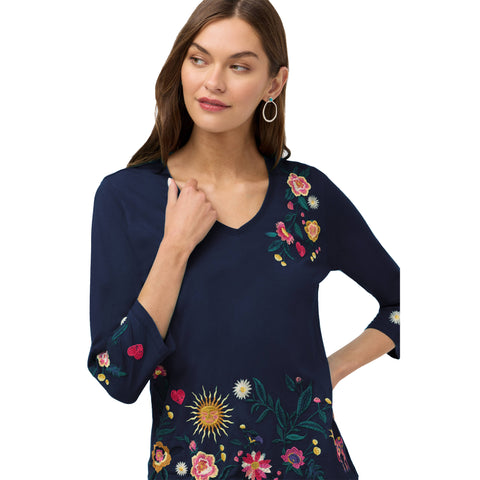 Johnny Was Ziviana 3/4 Trapunto Tee Floral Embroidery Cotton Shirt Black Top NEW