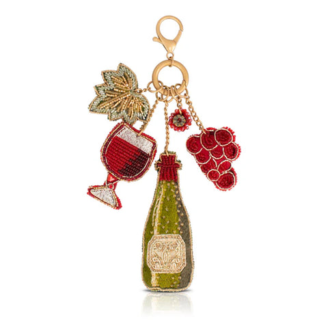 Mary Frances Tasting Room Beaded Red Grapes Wine Bottle Bag Charm Key Ring NEW