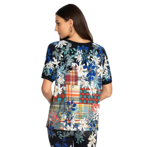 Johnny Was Ona Raglan Tee Short Plaid Navy Blue White Red Top Floral Shirt NEW