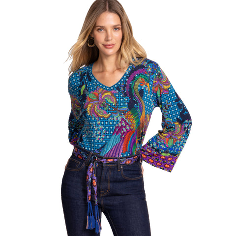 Johnny Was Janie Favorite Thalassa Kimono Peacock Floral Tee Shirt Blue Top NEW