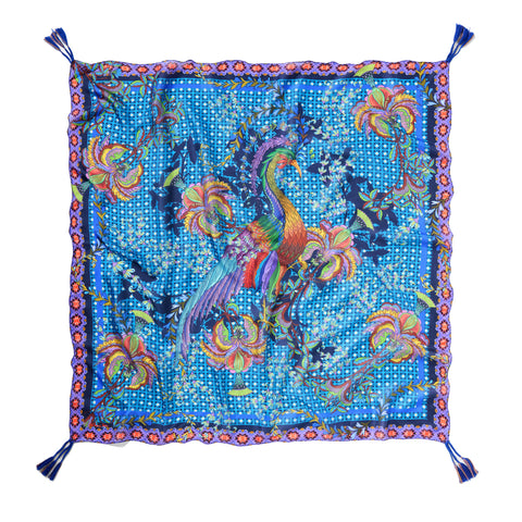 Johnny Was Thalassa Silk Scarf Floral Square Large Peacock Flower Tassel Blue NEW