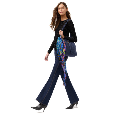 Johnny Was Thalassa Silk Scarf Floral Square Large Peacock Flower Tassel Blue NEW