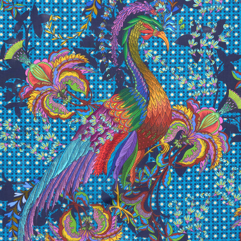 Johnny Was Thalassa Silk Scarf Floral Square Large Peacock Flower Tassel Blue NEW