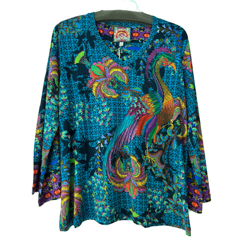 Johnny Was Janie Favorite Thalassa Kimono Peacock Floral Tee Shirt Blue Top NEW