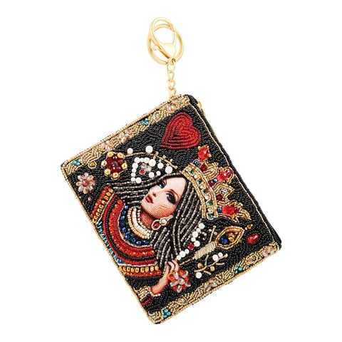 Mary Frances The Queen Coin Purse Zip Red Jeweled Crown Key Ring Black Bag NEW