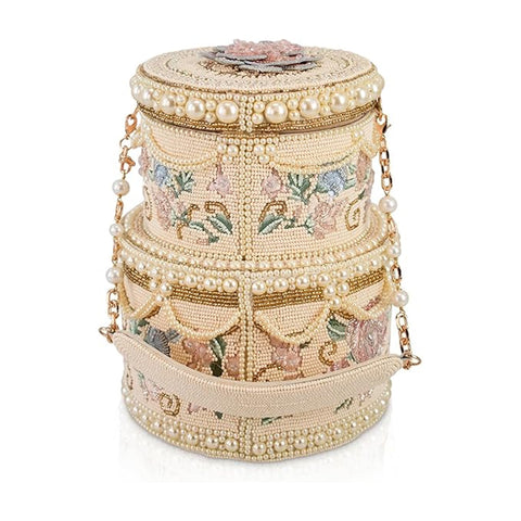 Mary Frances Top This Wedding Cake Beaded Bag Pink Floral Handbag Beige Purse NEW