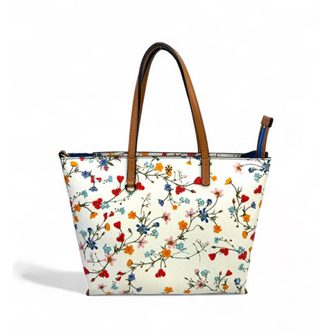 Tory Burch Kerrington Delphi Floral Tote Bag Zip Ivory Shoulder Handbag Purse NEW