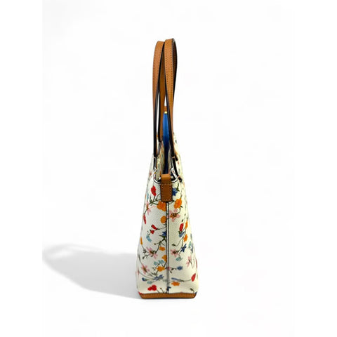 Tory Burch Kerrington Delphi Floral Tote Bag Zip Ivory Shoulder Handbag Purse NEW