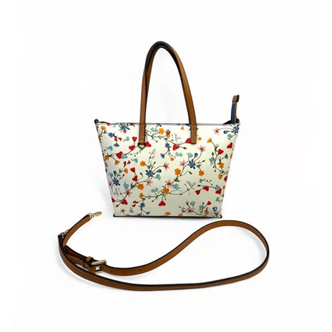 Tory Burch Kerrington Delphi Floral Tote Bag Zip Ivory Shoulder Handbag Purse NEW