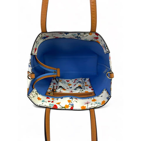 Tory Burch Kerrington Delphi Floral Tote Bag Zip Ivory Shoulder Handbag Purse NEW