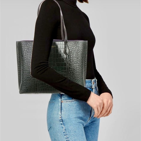 Tory Burch Perry Deep Kelp Leather Tote Triple Compartment Bag Handbag Green NEW