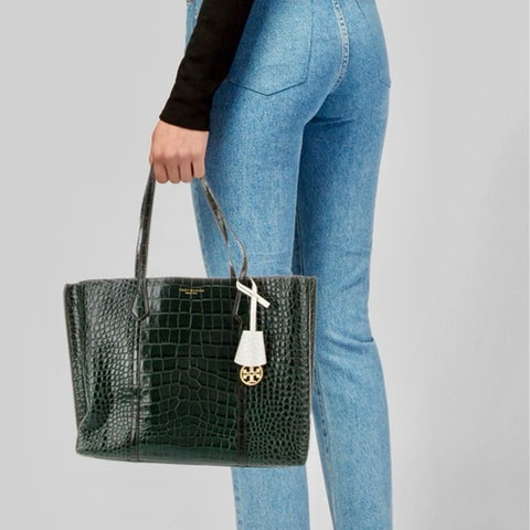 Tory Burch Perry Deep Kelp Leather Tote Triple Compartment Bag Handbag Green NEW