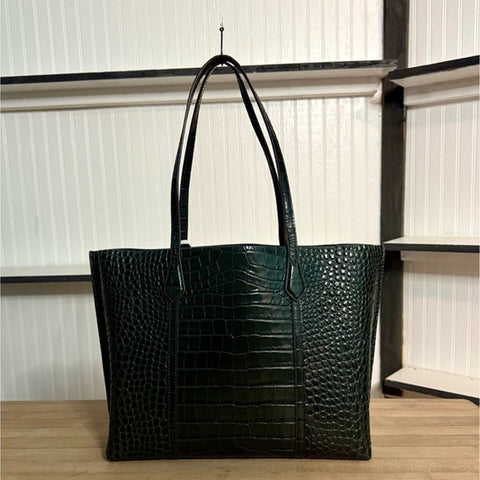 Tory Burch Perry Deep Kelp Leather Tote Triple Compartment Bag Handbag Green NEW