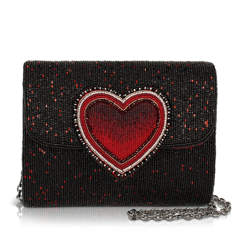 Mary Frances True Love Beaded Red Heart On Black Bag Crossbody Handbag Purse NEW