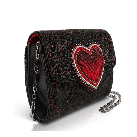 Mary Frances True Love Beaded Red Heart On Black Bag Crossbody Handbag Purse NEW