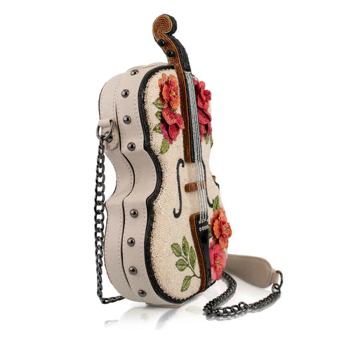 Mary Frances In Tune Ivory Pink Floral 3D Violin Handbag Crossbody Bag Purse NEW