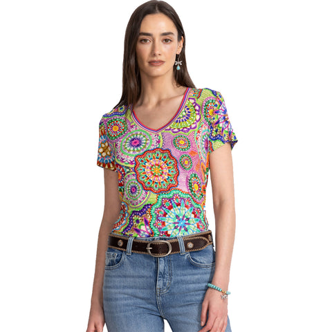 Johnny Was Janie Favorite Napper V Short Tee Naperron Shirt Green Blue Top NEW
