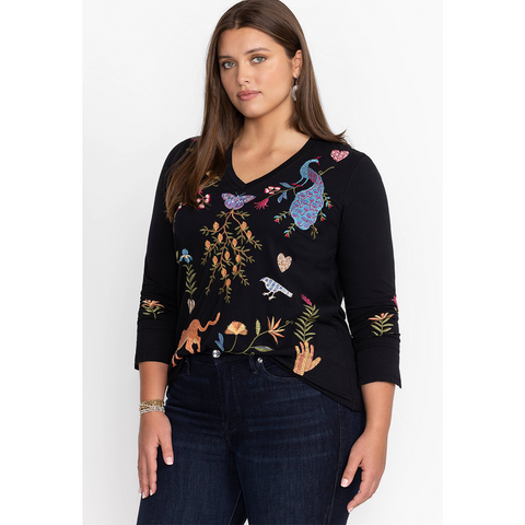 Johnny Was Adela Slit Sleeve Tee Shirt Butterfly Embroidery V Neck Black Top New