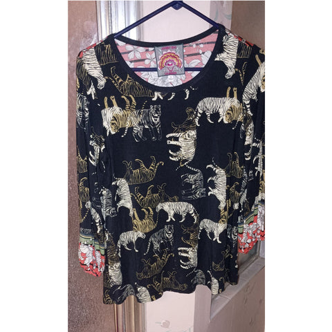 Johnny Was Teeger Knit Puff Sleeve Long Top Tee Shirt Zebra Animal Black NEW