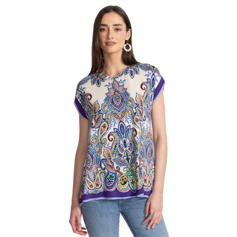 Johnny Was Janie Favorite Ruta Crew Short Draped Tee Shirt White Blue Top NEW