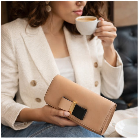 Chloe Biscotti Wallet Beige Black Bow Leather Two Fold Bag Snap Zip Pockets NEW