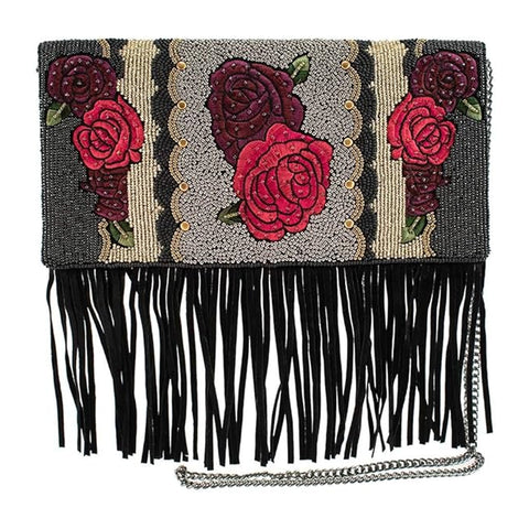 Mary Frances Western Rose Beaded Bag Embroidered Handbag Leather Purse Black NEW