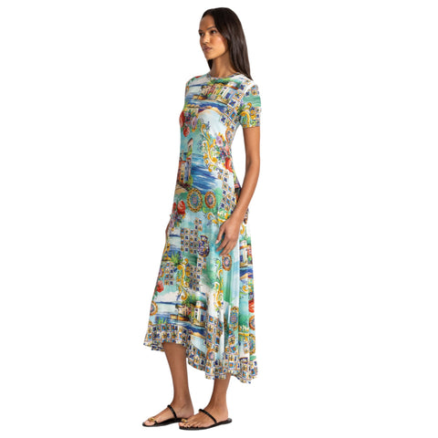 Johnny Was Janie Favorite Christy Asymmetric Hem Short Sleeve Dress Floral Green Blue NEW