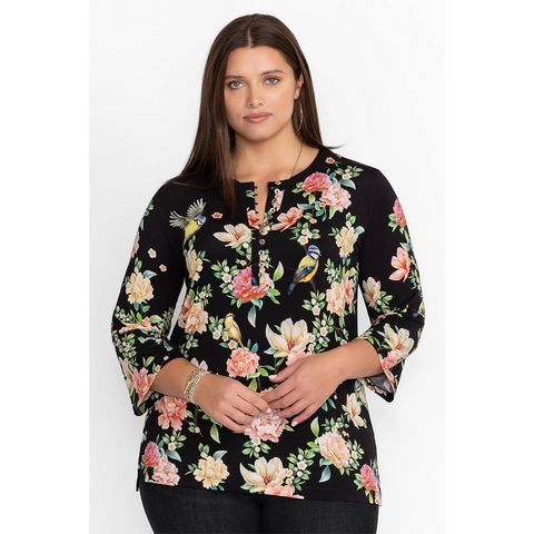 Johnny Was Janie Favorite Button Front Tunic Birdie Black Floral Top Shirt New