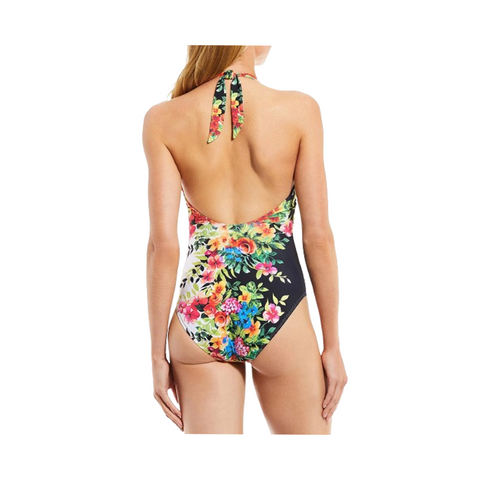 Johnny Was Spring Halter One Piece Black Floral Women Swim Suit Flower White New