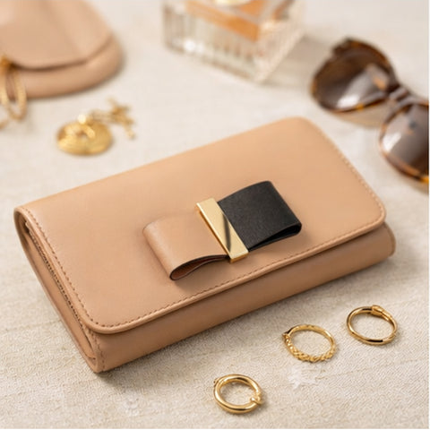 Chloe Biscotti Wallet Beige Black Bow Leather Two Fold Bag Snap Zip Pockets NEW