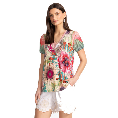 Johnny Was Janie Favorite Emily V Puff Tee Shirt Swing Pink Cream Floral Top NEW