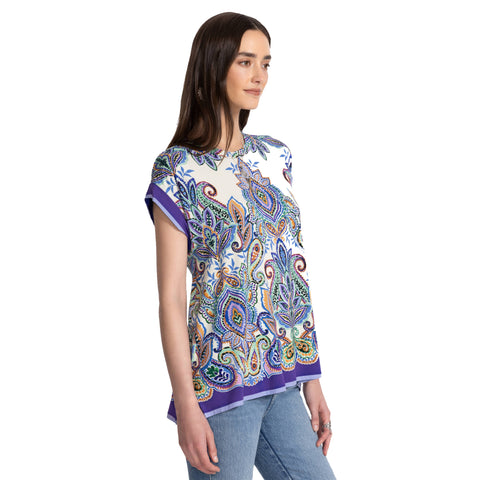 Johnny Was Janie Favorite Ruta Crew Short Draped Tee Shirt White Blue Top NEW