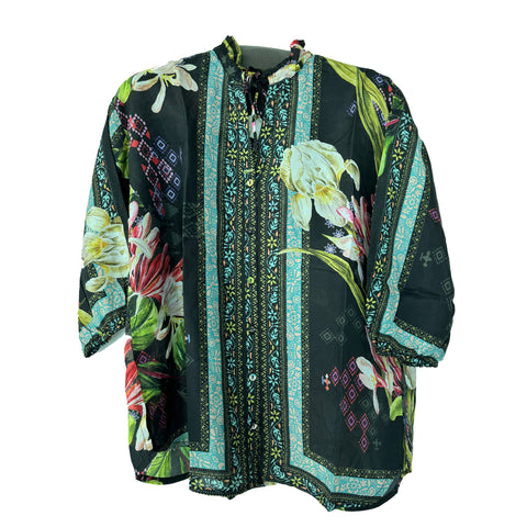 Johnny Was Janie Favorite Iris Whisper Long Swing Tee Floral Shirt Top Black NEW