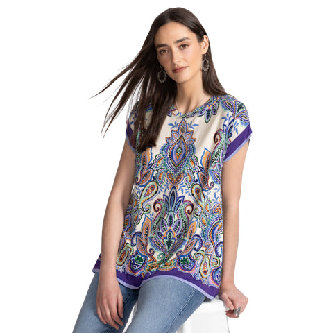 Johnny Was Janie Favorite Ruta Crew Short Draped Tee Shirt White Blue Top NEW